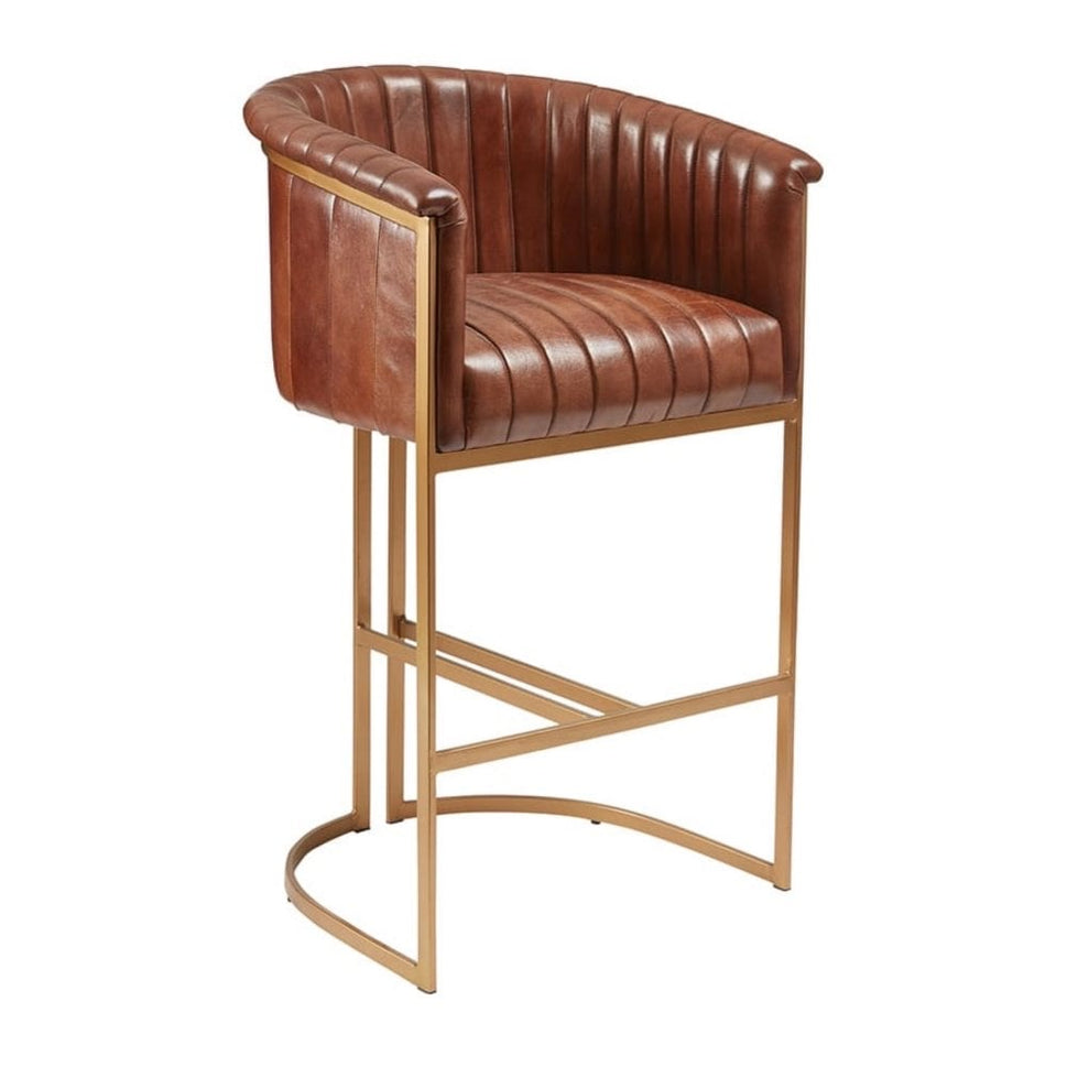 Nolan Upholstered Genuine Brown Leather Metal Bar Stool