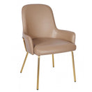 Switch The Camden Side Chair Metal Frame is a modern armchair with a light brown cushioned seat and backrest, sleek gold metal legs, minimalist steel frame, and gently curved armrests—ideal as a stylish restaurant chair. 2 image