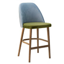 Switch The Calm Raw Barstool Frame features solid wood legs, a green cushioned seat, and a curved light blue upholstered backrest for a modern look. 2 image