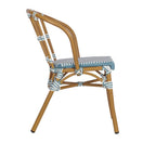 Switch Side view of the Bordeaux Outdoor Stacking Side Chair, featuring a bamboo-style frame and blue-and-white woven, water-resistant seat and backrest with decorative white and blue wrappings at the joints. 2 image