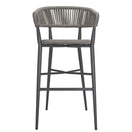 Switch The Madrid Outdoor Bar Stool features a gray woven polyester rope backrest and seat, a sturdy metal frame with four legs and horizontal supports—perfect for adding modern, minimalist style to any outdoor dining space. 3 image
