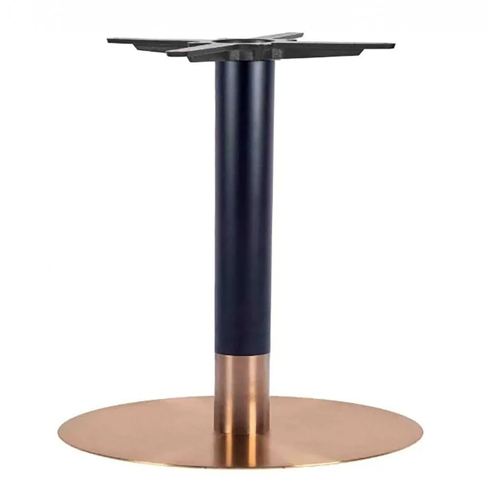 The Zeus Rose Gold Table Base - Small features a rose gold bottom, sleek black vertical column, and a cross-shaped top fixture for tabletop attachment.