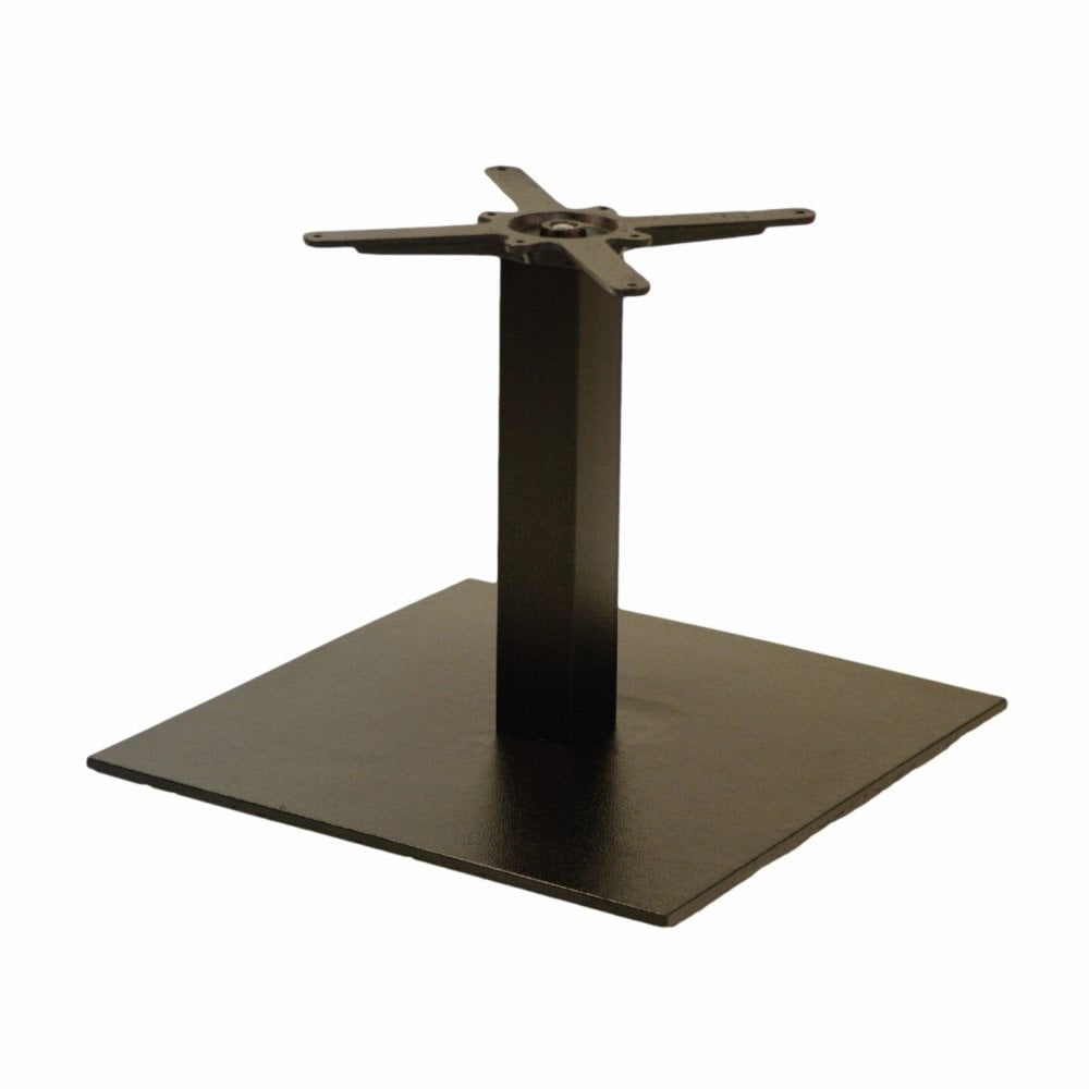 The Forza Square Large Cast Iron Table Base features a black powder-coated finish, a square flat bottom, vertical center support, and a cross-shaped top for tabletop attachment, all shown against a plain white background.
