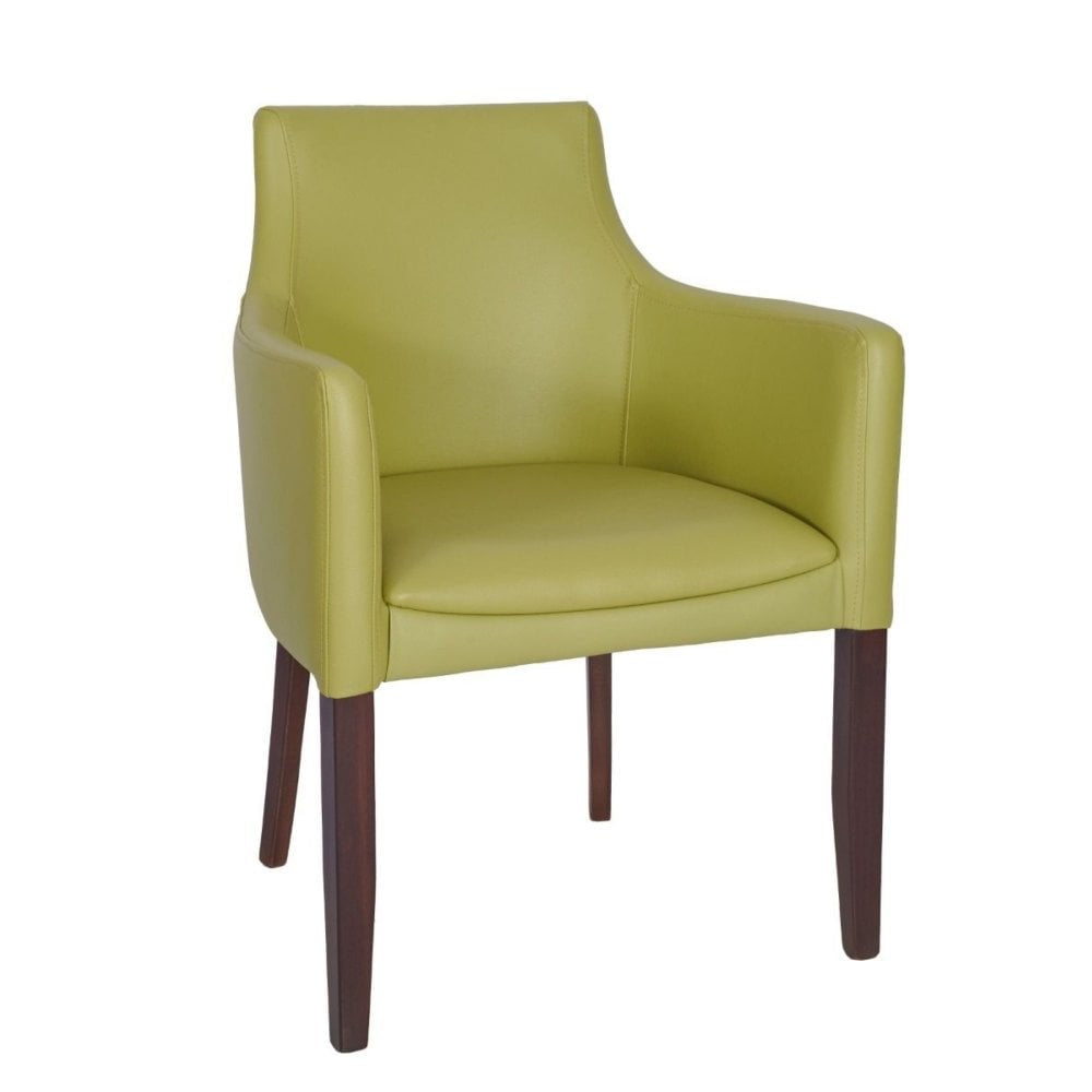 The Repton Upholstered Faux Leather Armchair features a curved backrest, padded seat, and wooden legs. Its minimalist design suits home or office use and is available in stylish faux leather upholstery.