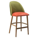 Switch The Onyx Barstool Frame features a green cushioned backrest, orange cushioned seat, and solid wood legs with crossbars, combining comfort and a sleek modern design. 2 image