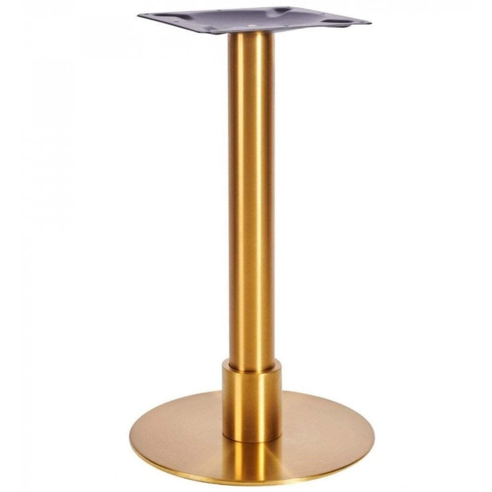 The Harrow S Brass Table Base - Small features a gold-colored, slimline design with a round flat bottom and a square mounting plate on top, ideal for supporting a tabletop.