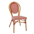 Switch The Marseille Bistro Outdoor Stacking Side Chair features a curved backrest, woven red and white checkered seat, natural wood finish, red joint accents, and a durable aluminum frame—perfect for commercial outdoor spaces. 2 image