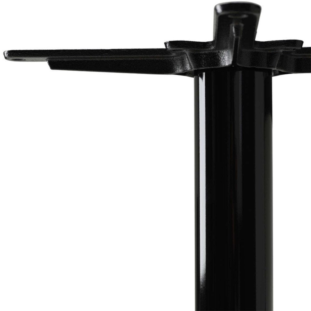 Close-up of the Cava Round Black and Gold Table Base - Large, featuring a cast iron cylindrical column and cross-shaped top plate for tabletop mounting, displayed against a white background.
