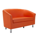 تبديل الصورة The Terry Faux Leather Upholstered Tub Sofa is an orange, two-seater tub sofa featuring curved armrests and shiny metal legs—ideal for reception area seating and displayed against a plain white background. 3