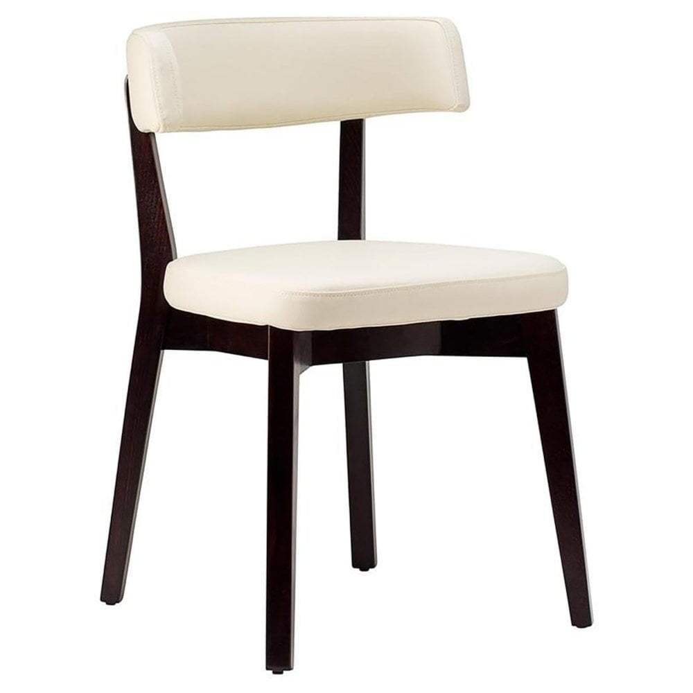 The Nico Upholstered Side Chair - Wenge features a cream faux leather seat and backrest, dark wenge wooden legs and frame, and an open-back design that's simple, contemporary, and perfect for contract use.