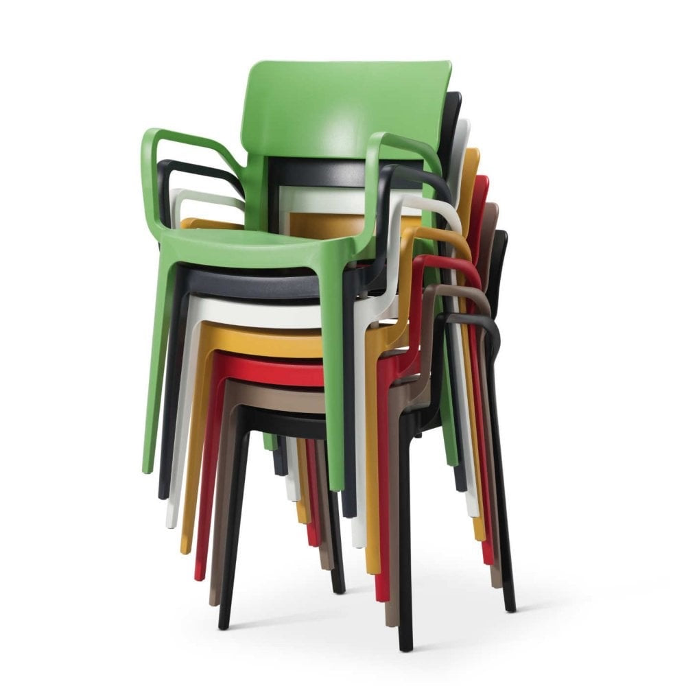A stack of colorful Vivo Stacking Outdoor Armchairs in green, black, white, yellow, red, and tan is neatly arranged on a plain white background—ideal for stylish indoor or outdoor seating.