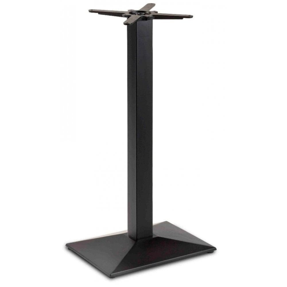 The Pyramid Rectangular Single Pedestal Cast Iron Table Base is a black metal base with a square pedestal and flat square bottom, featuring a cross-shaped bracket for attaching tabletops—ideal for sturdy restaurant dining spaces.