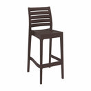 Switch The Ares Outdoor Stacking Bar Stool is a modern brown outdoor seat with weather-resistant materials, a slatted back and seat, four straight legs, and a built-in footrest for support. 2 image