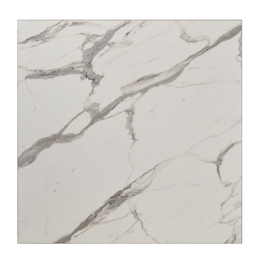 The White Carrara Marble Outdoor Laminate Restaurant Table Top - 12mm features a square design with a white background and gray marble veining, offering a natural look ideal for outdoor commercial tabletops.
