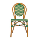 Switch The Marseille Bistro Outdoor Stacking Side Chair features a wooden frame, rounded backrest, and green and white woven checkered panels in a classic bistro style—ideal for commercial outdoor seating. 3 image