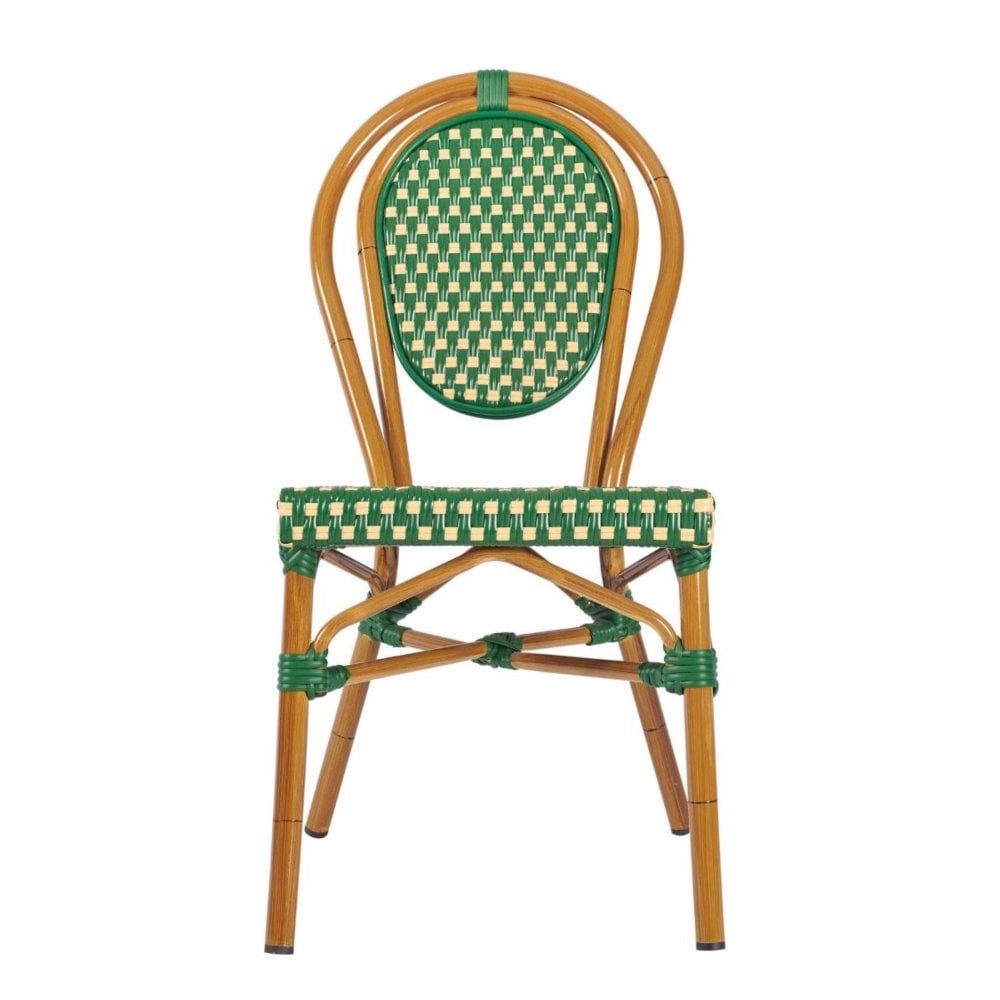 The Marseille Bistro Outdoor Stacking Side Chair features a wooden frame, rounded backrest, and green and white woven checkered panels in a classic bistro style—ideal for commercial outdoor seating.