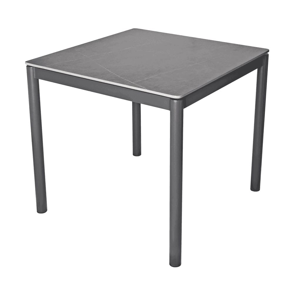 The Malaga Square Stone Effect Outdoor Table features a modern, simple square design with four cylindrical legs and a smooth surface. Its EPC aluminium frame gives it a plain, industrial style, shown here against a white background.