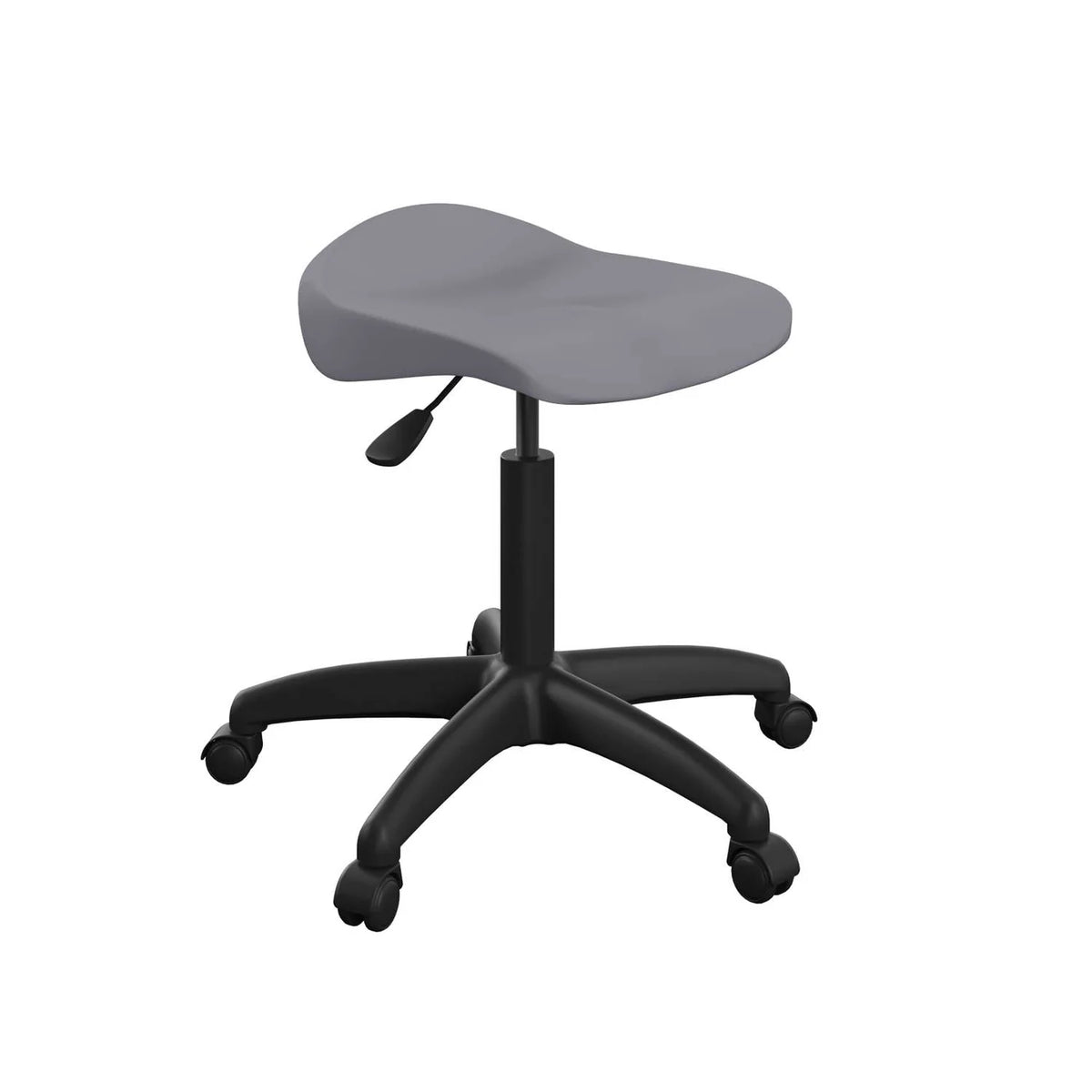 Introducing the Titan Swivel Senior Black Stool – with Glides: this stool features an ergonomic saddle-style seat in gray, designed with upward-curving sides for optimal support. It offers height adjustability and a stable black base, ensuring classroom-safe seating and customizable comfort. The stool’s swivel function allows for easy movement, while durable glides provide stability in classroom environments.
