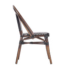 Switch Side view of the Carcassonne Bistro Outdoor Stacking Side Chair, featuring a woven black and white seat and backrest with bamboo-style aluminum legs. This lightweight chair offers a casual design and is stackable for restaurant use. 3 image