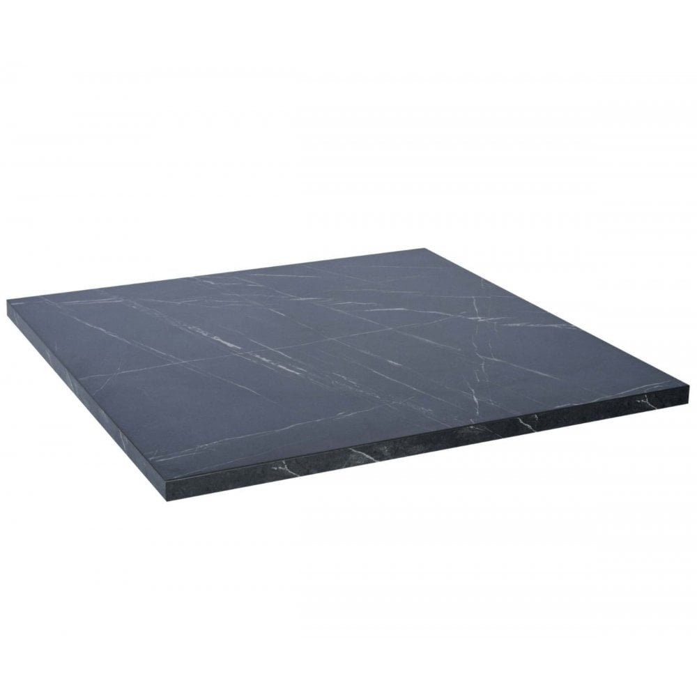 The Black Pietra Marble Laminate Restaurant Table Top - 25mm features a square, black surface with white veining patterns and is displayed on a white background.