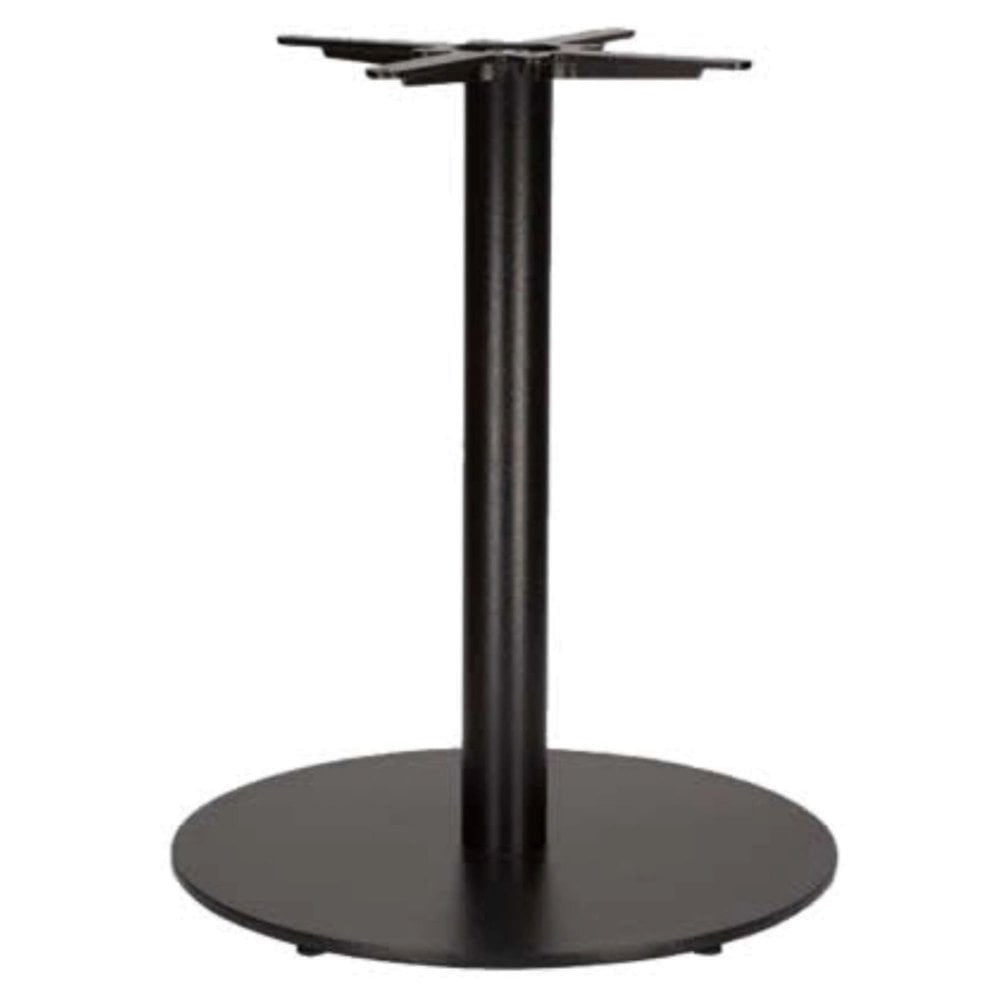 The Tokyo Large Round Cast Iron Table Base features a black powder-coated finish, a central cylindrical column, and a flat circular base. Its visible top mount with crossbars ensures secure tabletop attachment.