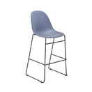 تبديل الصورة The Lizzie Metal Bar Stool showcases a smooth blue plastic seat supported by slender black metal legs, complete with a simple footrest and minimalist design—ideal for contemporary hospitality settings or commercial bar seating—presented against a plain white background. 1