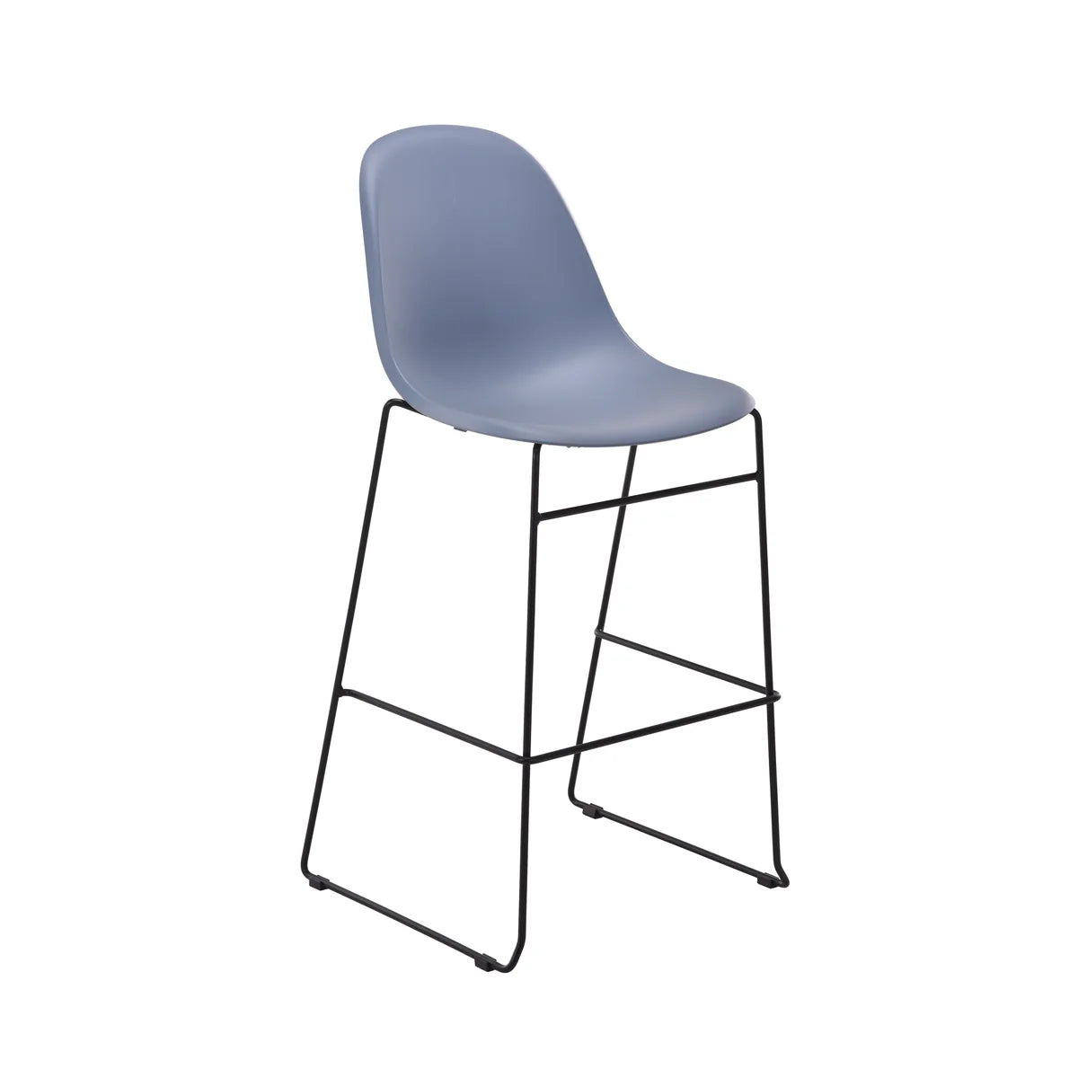 The Lizzie Metal Bar Stool showcases a smooth blue plastic seat supported by slender black metal legs, complete with a simple footrest and minimalist design—ideal for contemporary hospitality settings or commercial bar seating—presented against a plain white background.