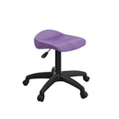 تبديل الصورة A purple Titan Swivel Junior Black Stool with adjustable height, a saddle-style seat, a black base with five castor wheels, is shown on a white background. 2