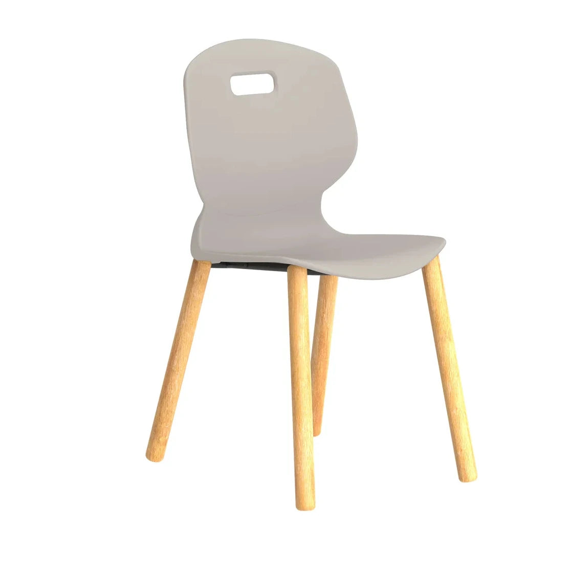 The Titan Arc Wooden Classroom Chair features a modern, curved light gray plastic seat and backrest with a rectangular cutout near the top, supported by four straight wooden legs crafted from a durable wood frame—making it perfect for classroom seating.