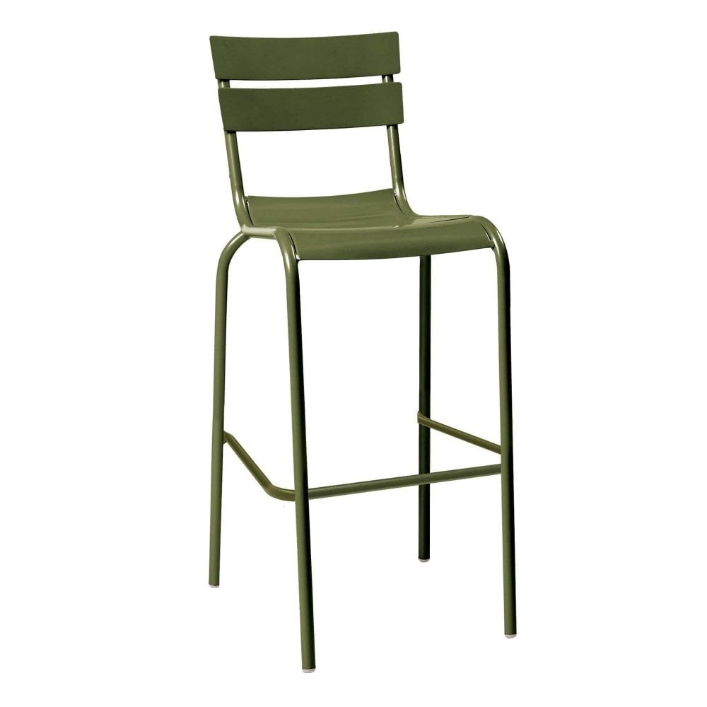 The Marlow Aluminium Stacking Bar Stool features a green finish, high seat, horizontal slat backrest, and four slender legs with a footrest for a contemporary look.
