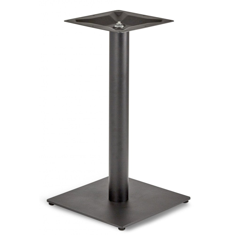 The Profile Small Square Cast Iron Table Base features a black finish, square flat bottom plate, cylindrical central column, and square top mounting plate—perfect as a durable commercial table base.