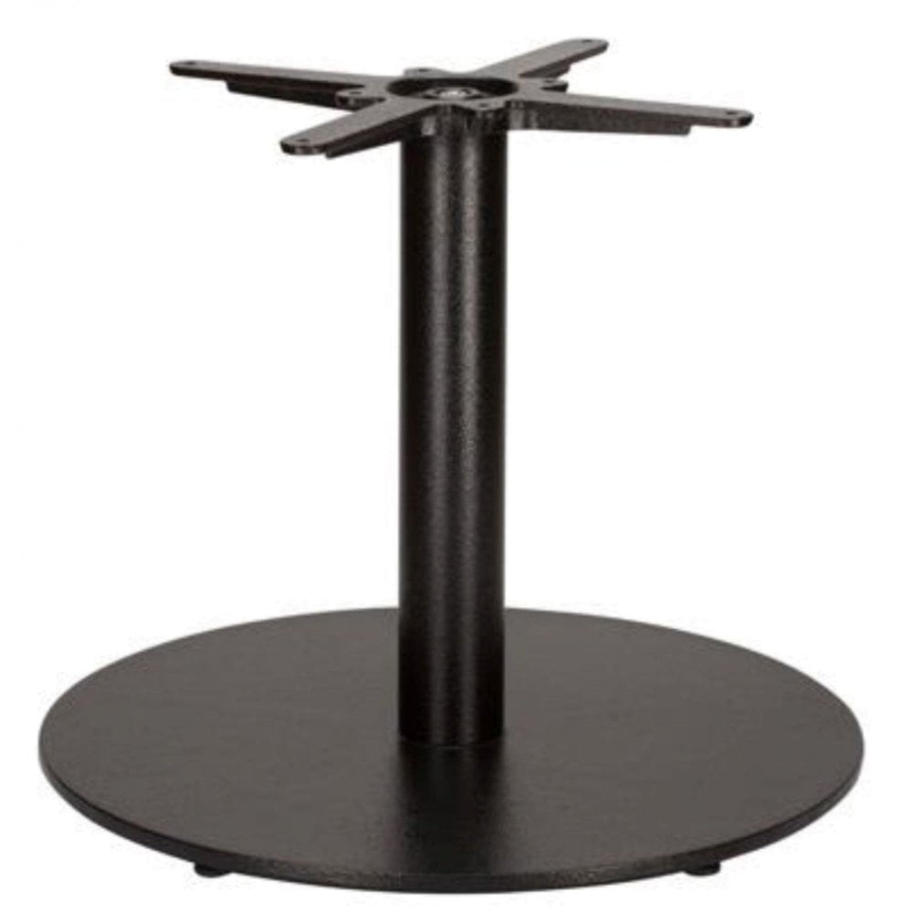 The Tokyo Large Round Cast Iron Table Base features a black powder-coated finish, a round flat bottom, a central vertical column, and a four-pronged bracket to securely support your tabletop.