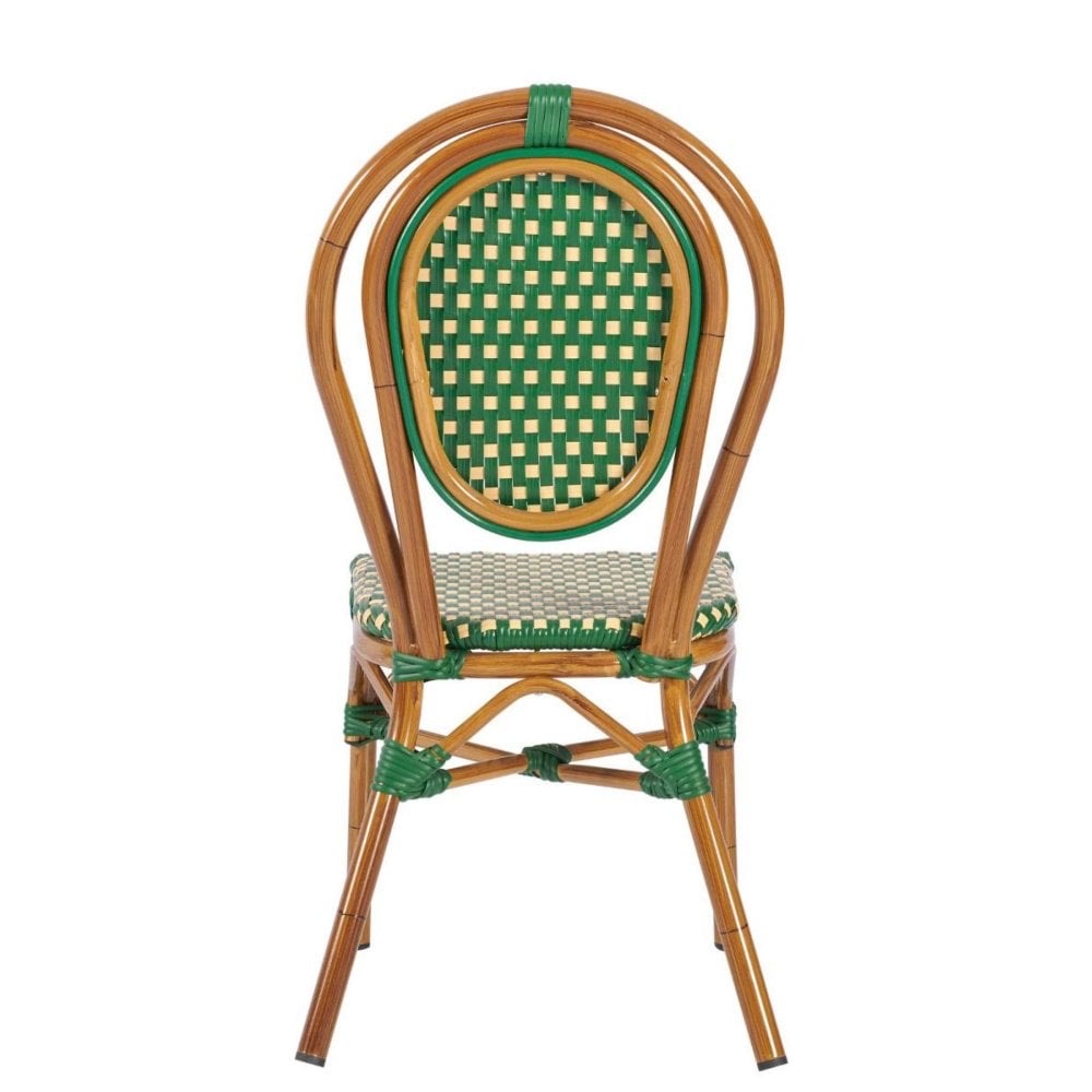 The Marseille Bistro Outdoor Stacking Side Chair features an aluminum frame, rounded backrest, green-and-white checkerboard woven seat and backrest, and green frame bindings. Shown here from the back.