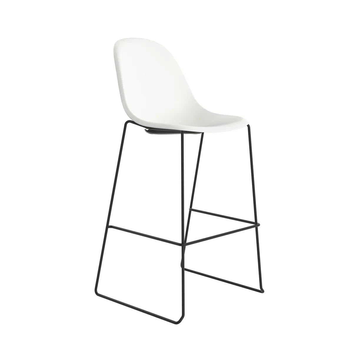 The Lizzie Metal Bar Stool—a modern white plastic bar stool featuring a curved seat and black metal sled-style legs—serves as perfect commercial bar seating, shown here against a plain white background.