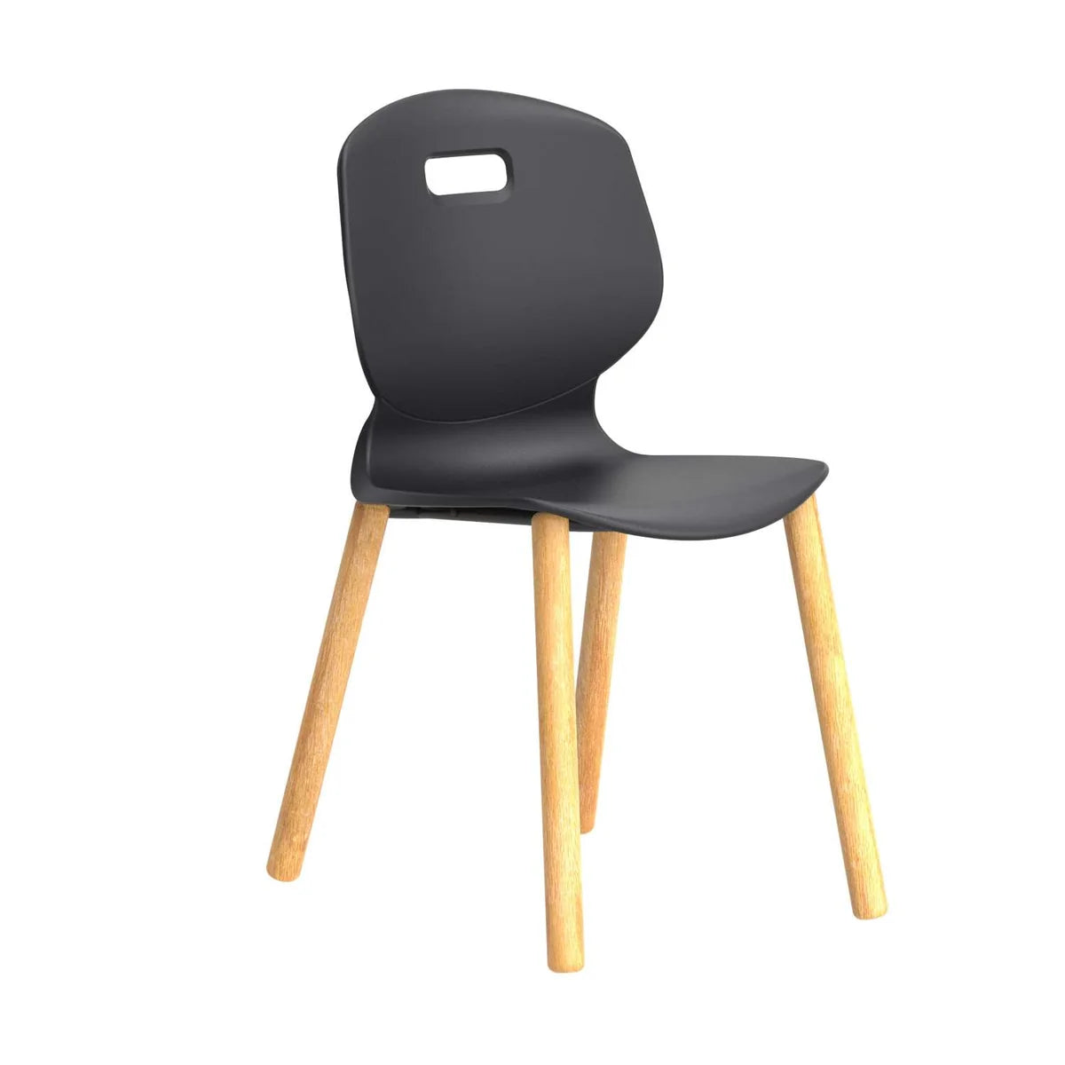 The Titan Arc Wooden Classroom Chair is a modern seating solution featuring a black plastic seat and backrest with a convenient cutout handle, supported by four light wooden legs and a durable wood frame—perfect for educational environments.