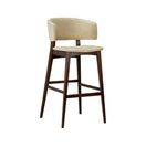 Switch The Sophia Barstool Frame features a minimalist, contemporary design with a light beige cushioned seat and backrest, sturdy solid wood legs, and a convenient footrest. 2 image