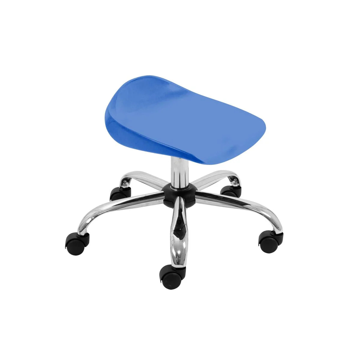 The Titan Swivel Junior Chrome Stool - with Castors features a blue contoured seat, a chrome base, and five black caster wheels, and is shown on a white background.