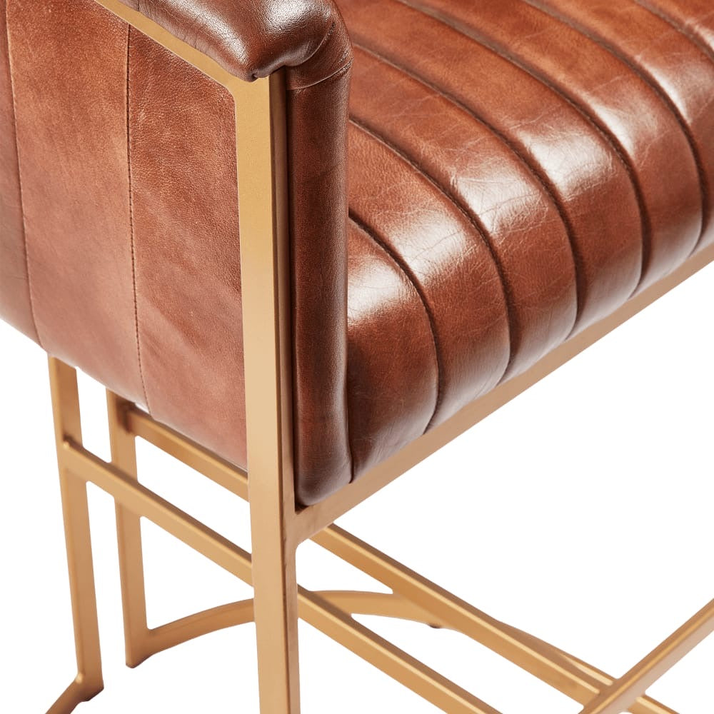 Nolan Upholstered Genuine Brown Leather Metal Bar Stool