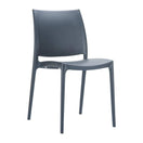 Switch The Maya Outdoor Side Chair is a modern, minimalist, stackable outdoor chair in dark gray, made of commercial grade polypropylene with a slightly curved backrest and seat, straight legs, and no armrests. 2 image