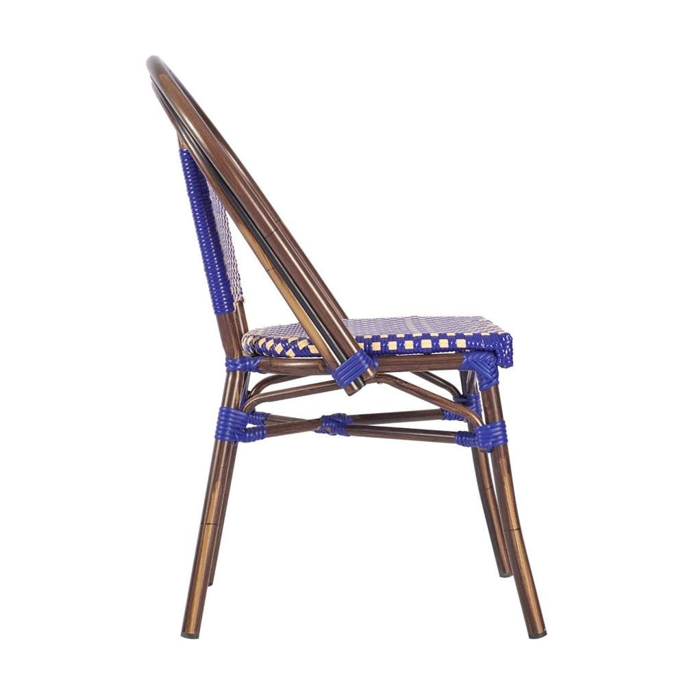 Side view of the Carcassonne Bistro Outdoor Stacking Side Chair, featuring a brown aluminum frame with blue woven seat and backrest. Its rounded back, angled legs, and stackable design create a casual, modern look for restaurants.