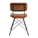 Switch The Duke Industrial Leather Side Chair features brown real leather with a ribbed seat and backrest, a black metal frame, four angled legs, and crisscrossed rods, shown from the back in a true industrial design style. 3 image