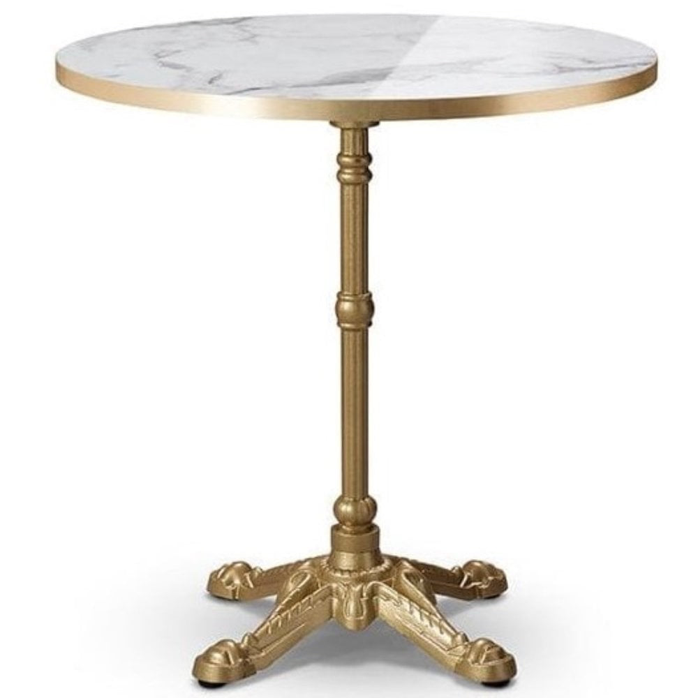 The Parisian Bistro Gold Round Marble Effect Table Top with Metal Base - 700mm features a marble effect top, gold trim, and a single ornate metal base with four clawed feet.