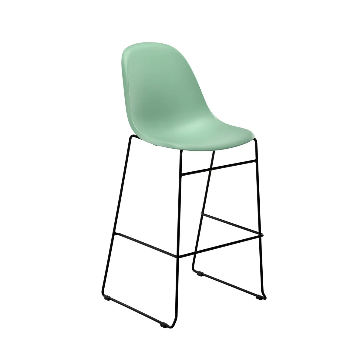 The Lizzie Metal Bar Stool is a mint green plastic bar stool with a smooth, curved seat and black metal legs, featuring a simple and modern design ideal for contemporary hospitality furniture settings.