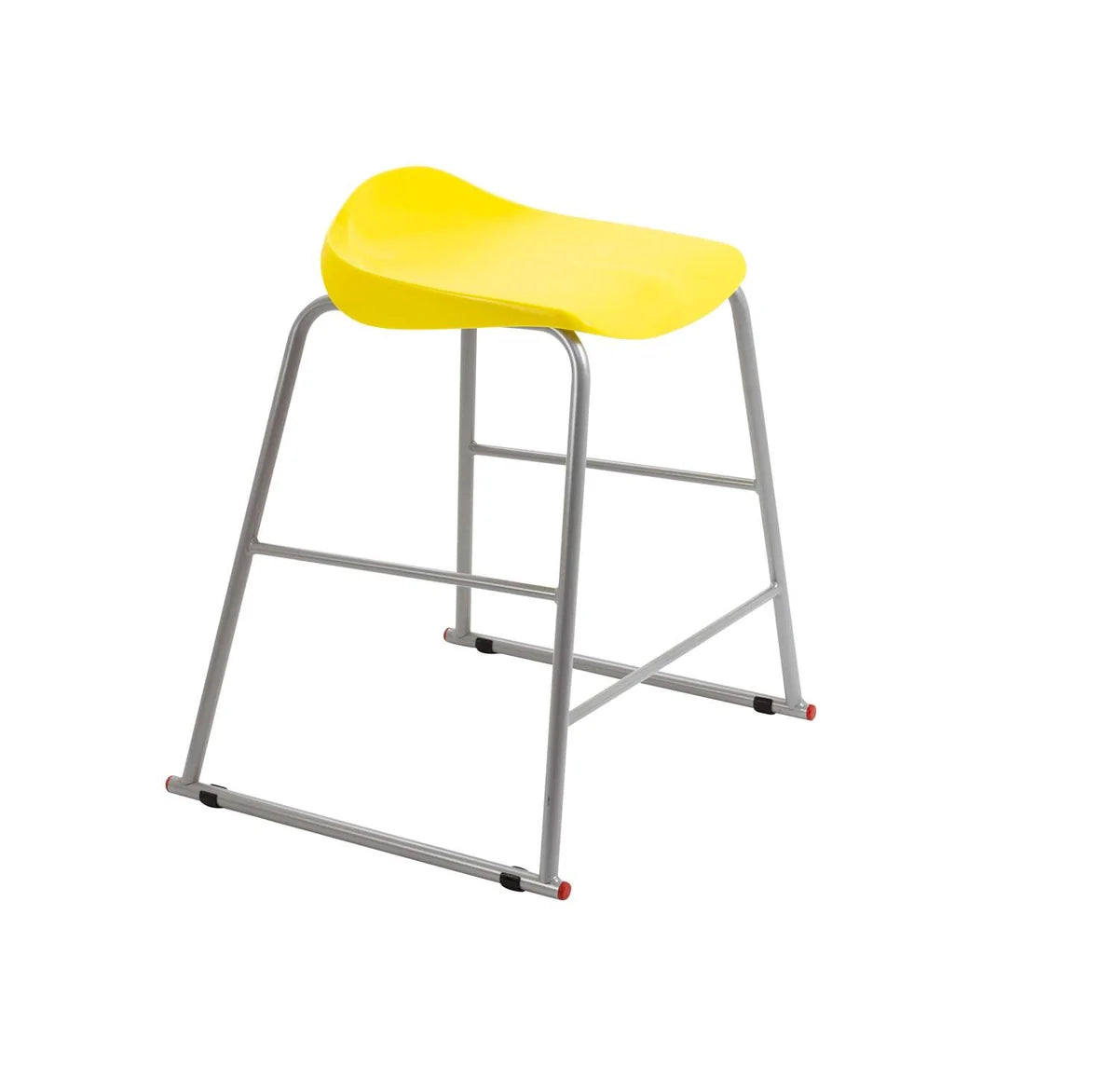 The Titan Metal Stacking Low Stool features a vibrant yellow plastic seat paired with sleek silver metal legs. Stackable and ideal for classrooms or communal spaces, it stands out against a plain white background.