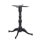 Switch The Queen Anne Ornate Four Leg Cast Iron Table Base features a decorative, turned central column with four mounting arms and sturdy cast iron legs, offering secure tabletop support—ideal for restaurant use. 1 image