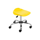 تبديل الصورة The Titan Swivel Senior Chrome Stool – with Castors is a yellow, saddle-style rolling classroom stool featuring an adjustable height, a gleaming chrome metal base, and five caster wheels. Shown against a plain white background, this stool offers comfort and mobility for any learning environment. 1
