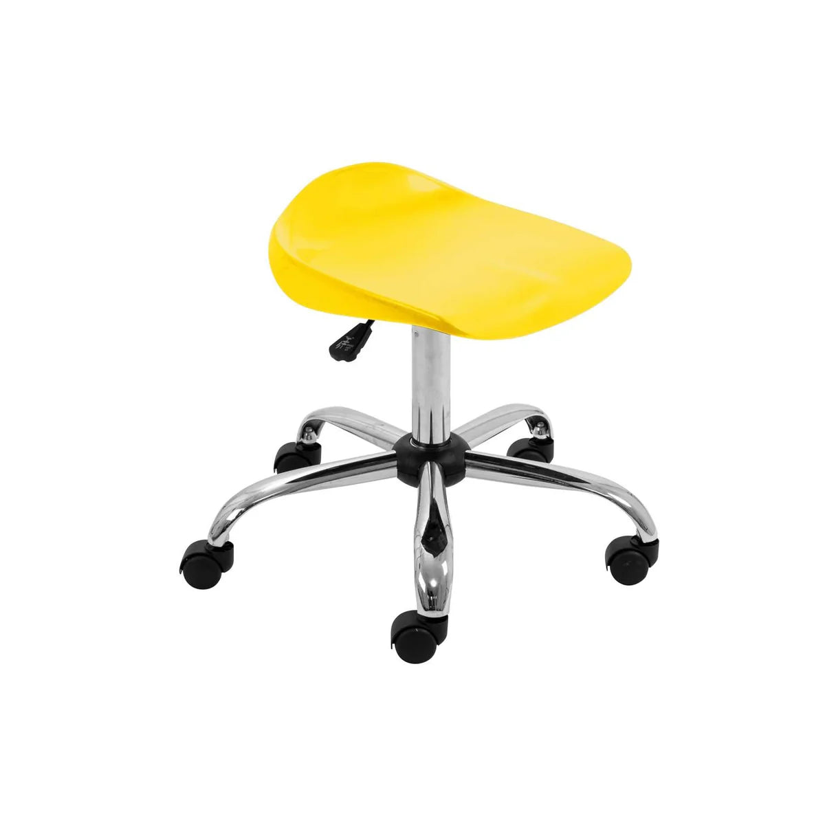 The Titan Swivel Senior Chrome Stool – with Castors is a yellow, saddle-style rolling classroom stool featuring an adjustable height, a gleaming chrome metal base, and five caster wheels. Shown against a plain white background, this stool offers comfort and mobility for any learning environment.
