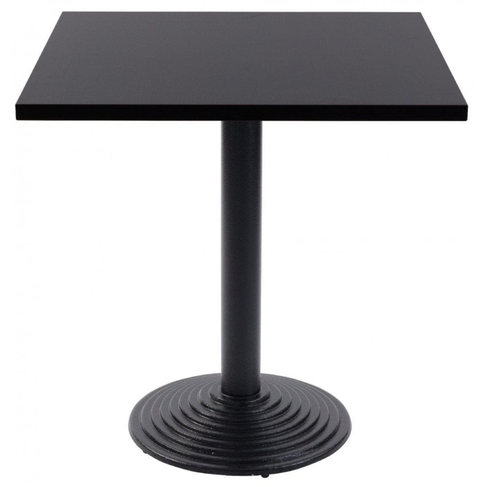 The Ripple Round Black Cast Iron Table Base features a single round rippled and ridged base, supporting a smooth square black tabletop—perfect for contemporary spaces.