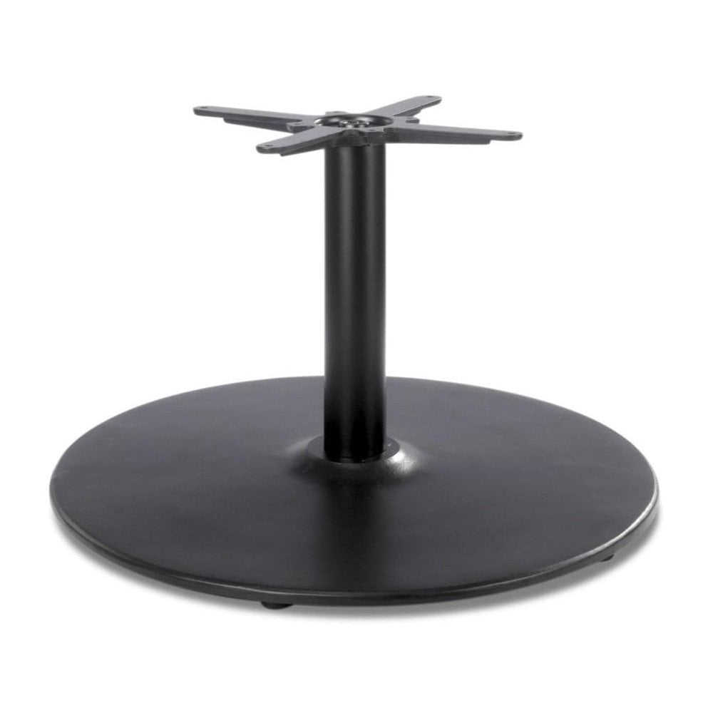 The Dome Large Round Black Cast Iron Table Base features a wide, flat circular bottom and central column with four arms for tabletop attachment.