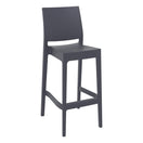 Switch The Maya Outdoor Bar Stool is a modern, stackable bar stool in dark gray with a straight backrest, rectangular seat, four straight legs, footrest, and minimalist design. Made from smooth commercial grade polypropylene for outdoor use. 1 image